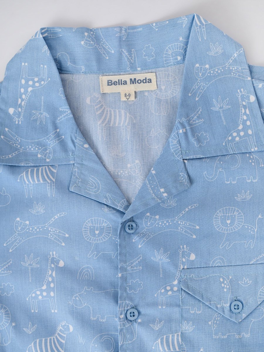 Boys Blue Cotton Animal Print Shirt and Shorts Set