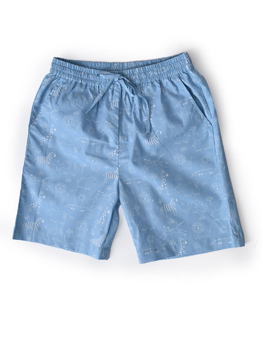 Boys Blue Cotton Animal Print Shirt and Shorts Set