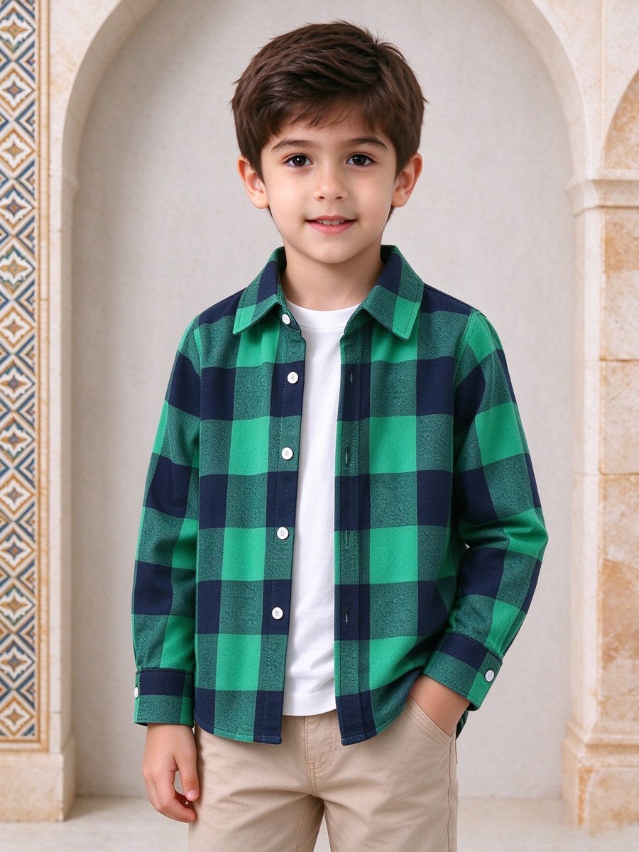Boys Plaid Collared Long Sleeve Shirt