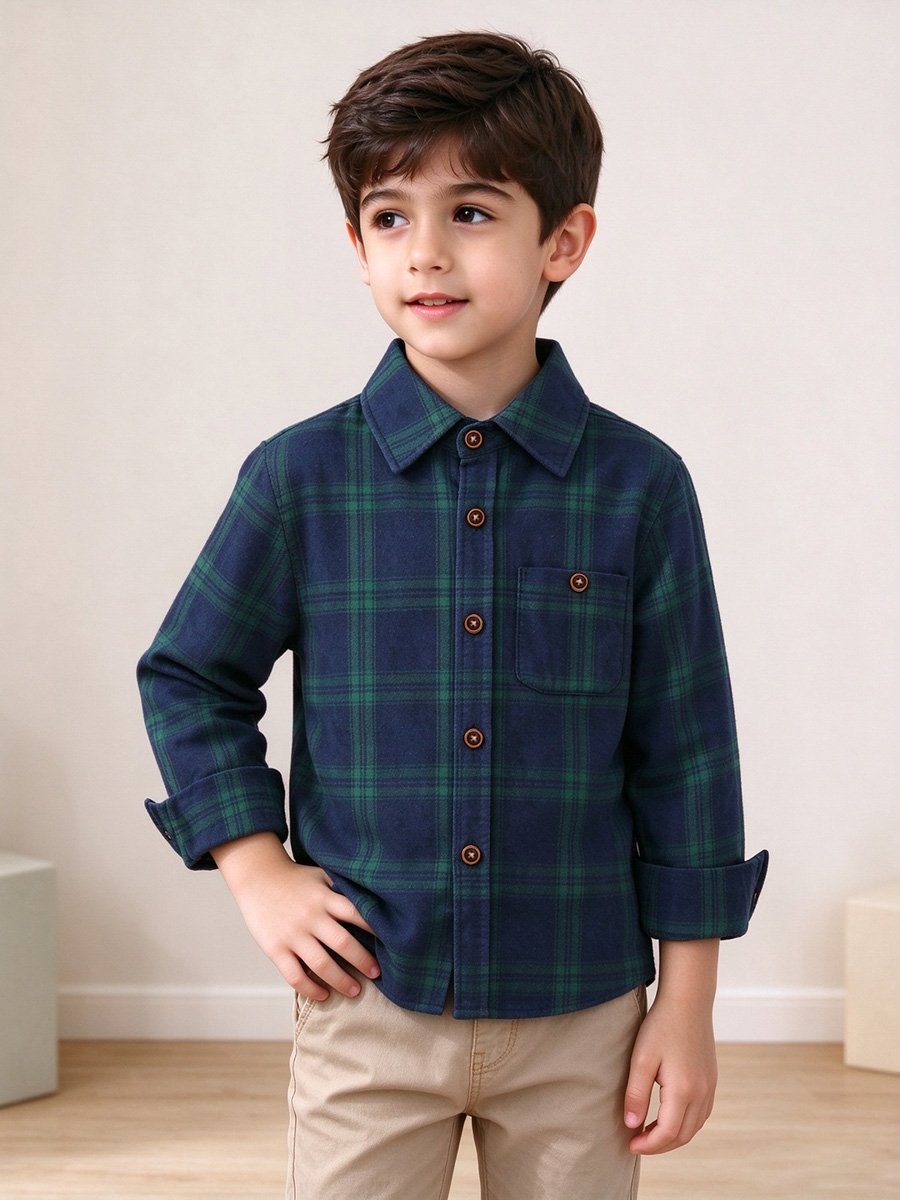 Boys Plaid Collared Long Sleeve Shirt