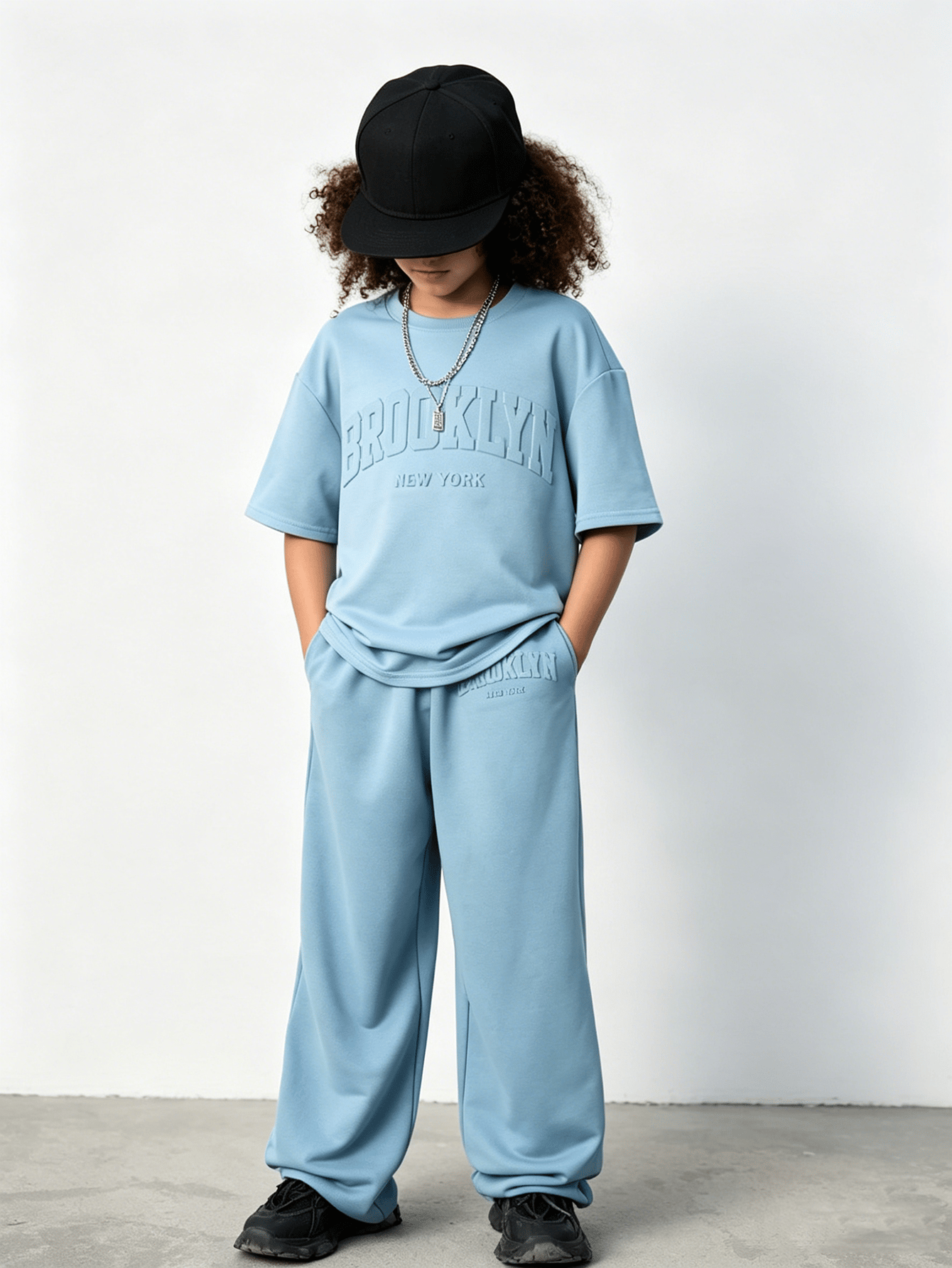 Kids Blue Brooklyn Embossed T-Shirt and Wide-Leg Pants Set