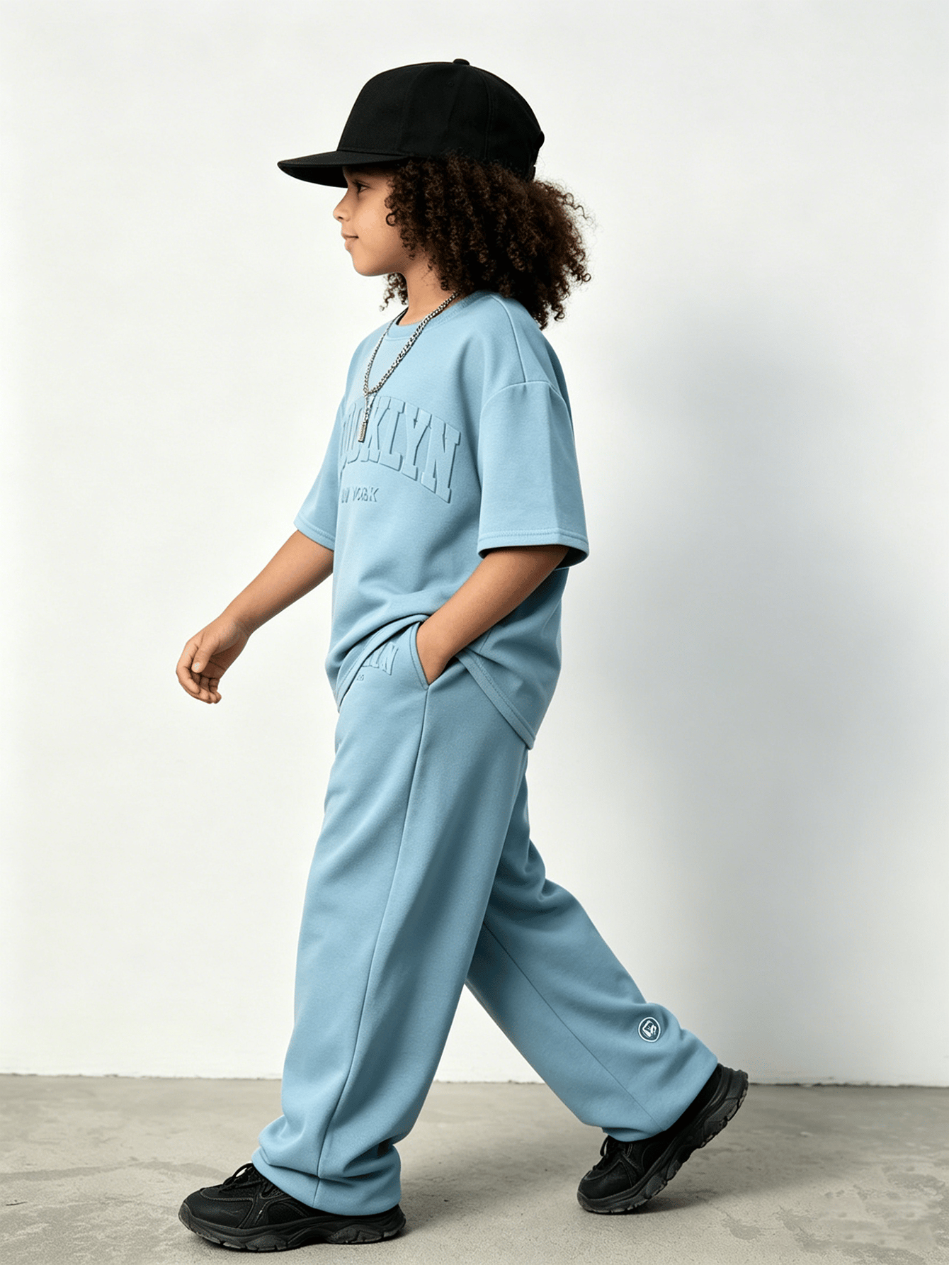 Kids Blue Brooklyn Embossed T-Shirt and Wide-Leg Pants Set