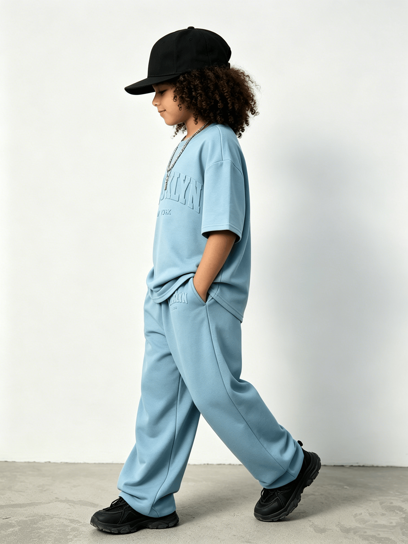 Kids Blue Brooklyn Embossed T-Shirt and Wide-Leg Pants Set