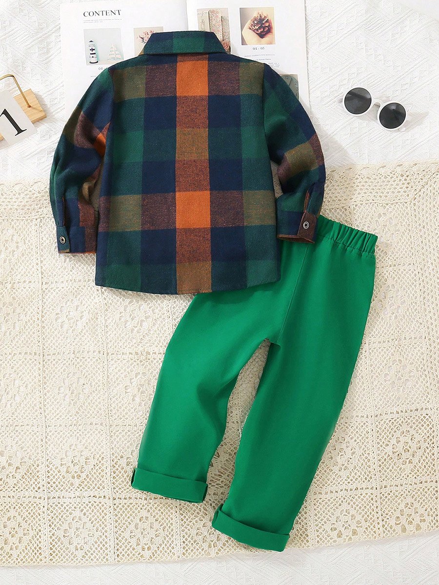 Boys Plaid Shirt and Green Trousers Set