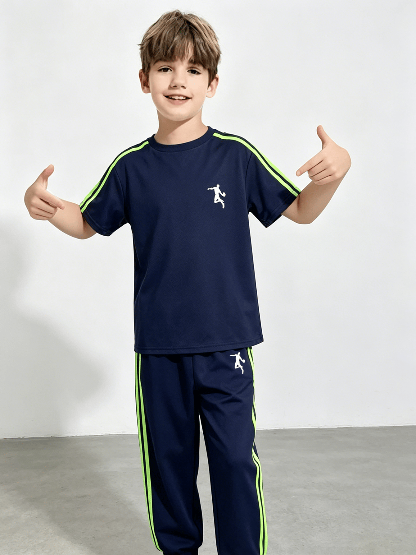 Boys Navy Poly Blend Tracksuit with Neon Green Stripes