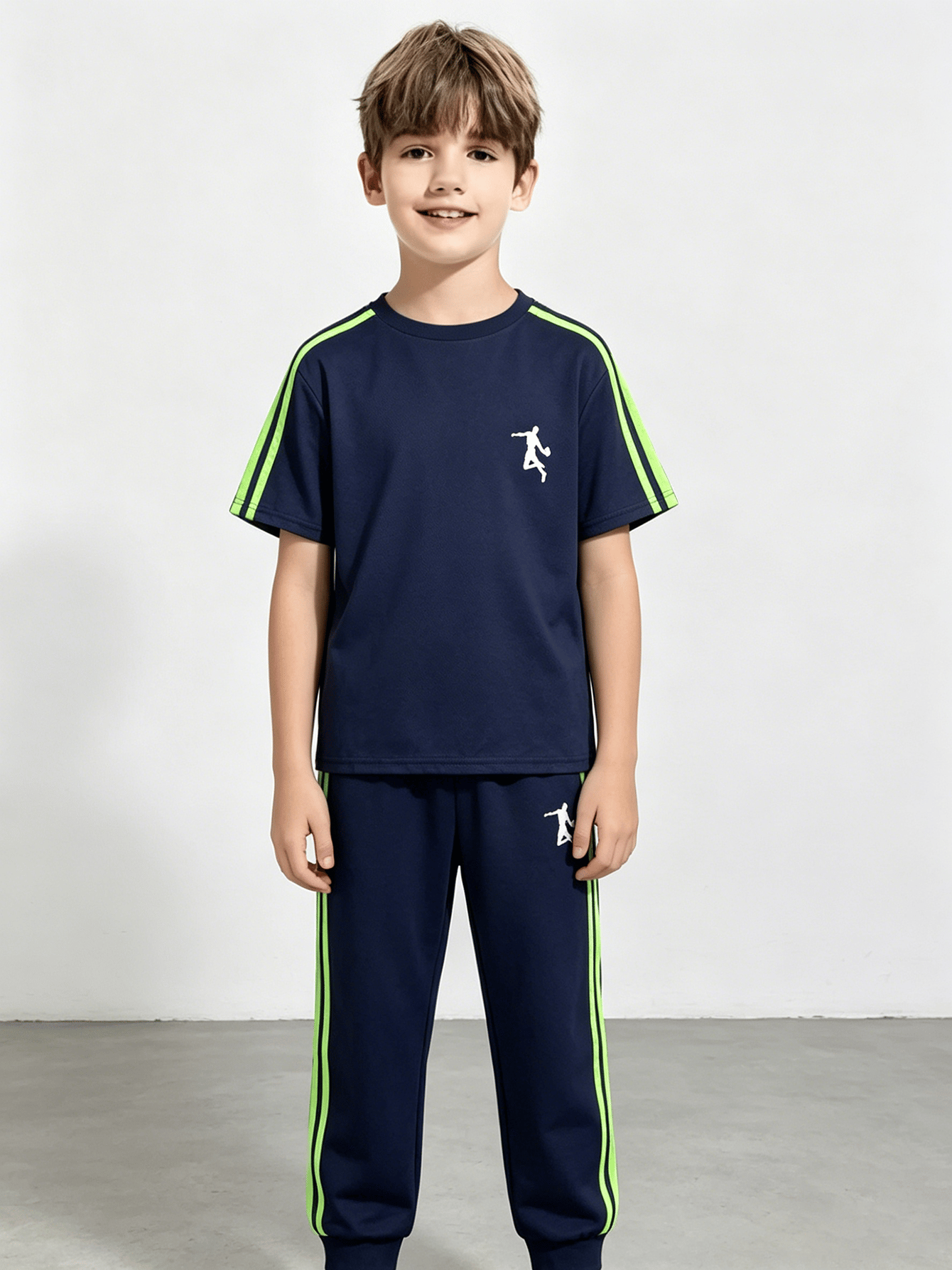 Boys Navy Poly Blend Tracksuit with Neon Green Stripes