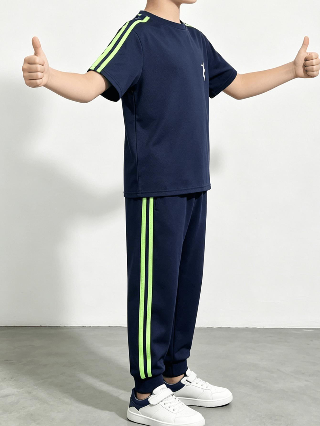 Boys Navy Poly Blend Tracksuit with Neon Green Stripes