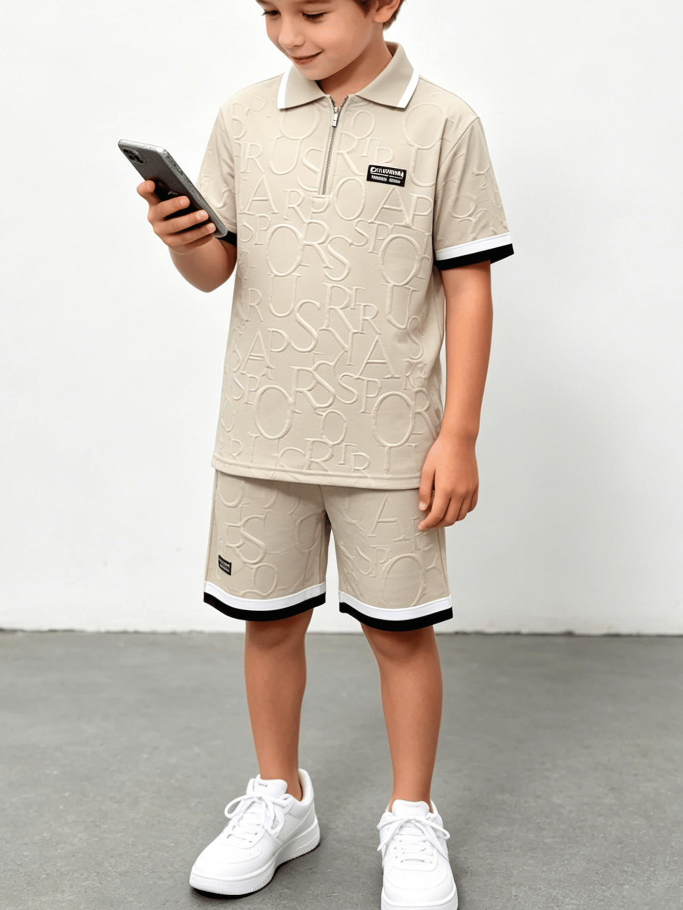 Boys Beige Embossed Polo and Shorts Set