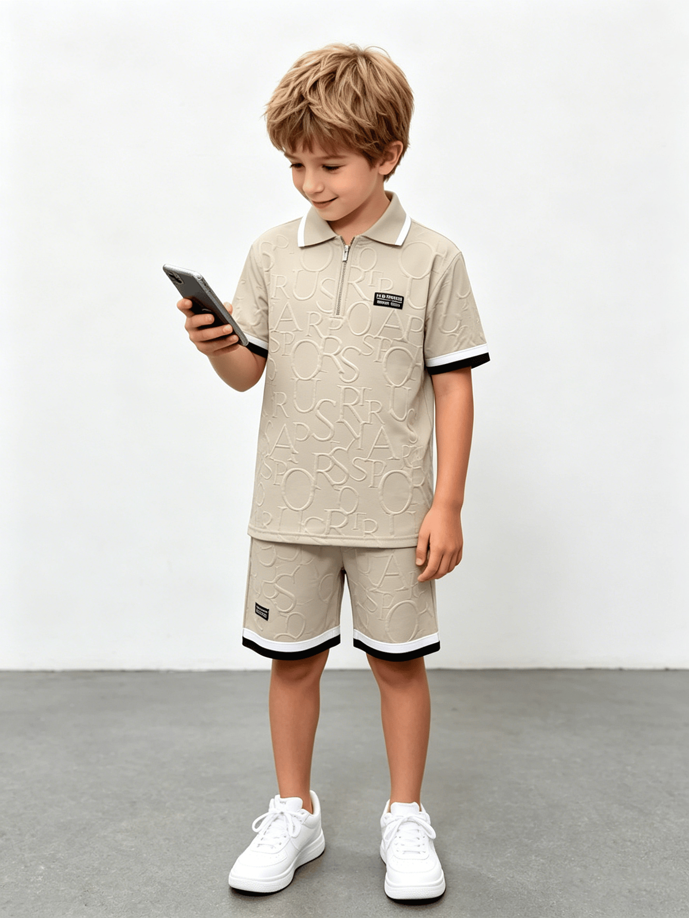 Boys Beige Embossed Polo and Shorts Set