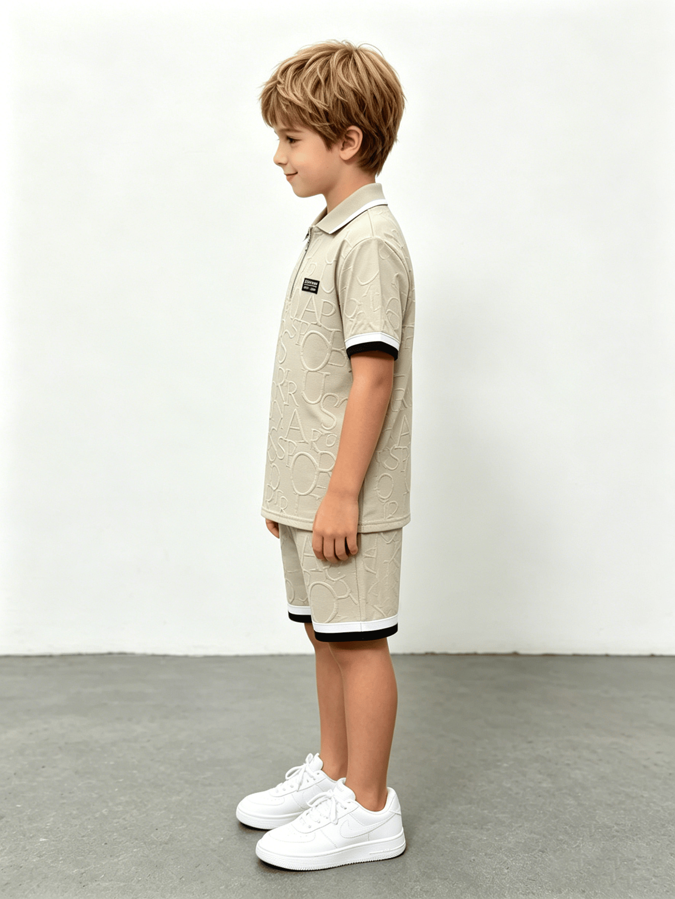 Boys Beige Embossed Polo and Shorts Set