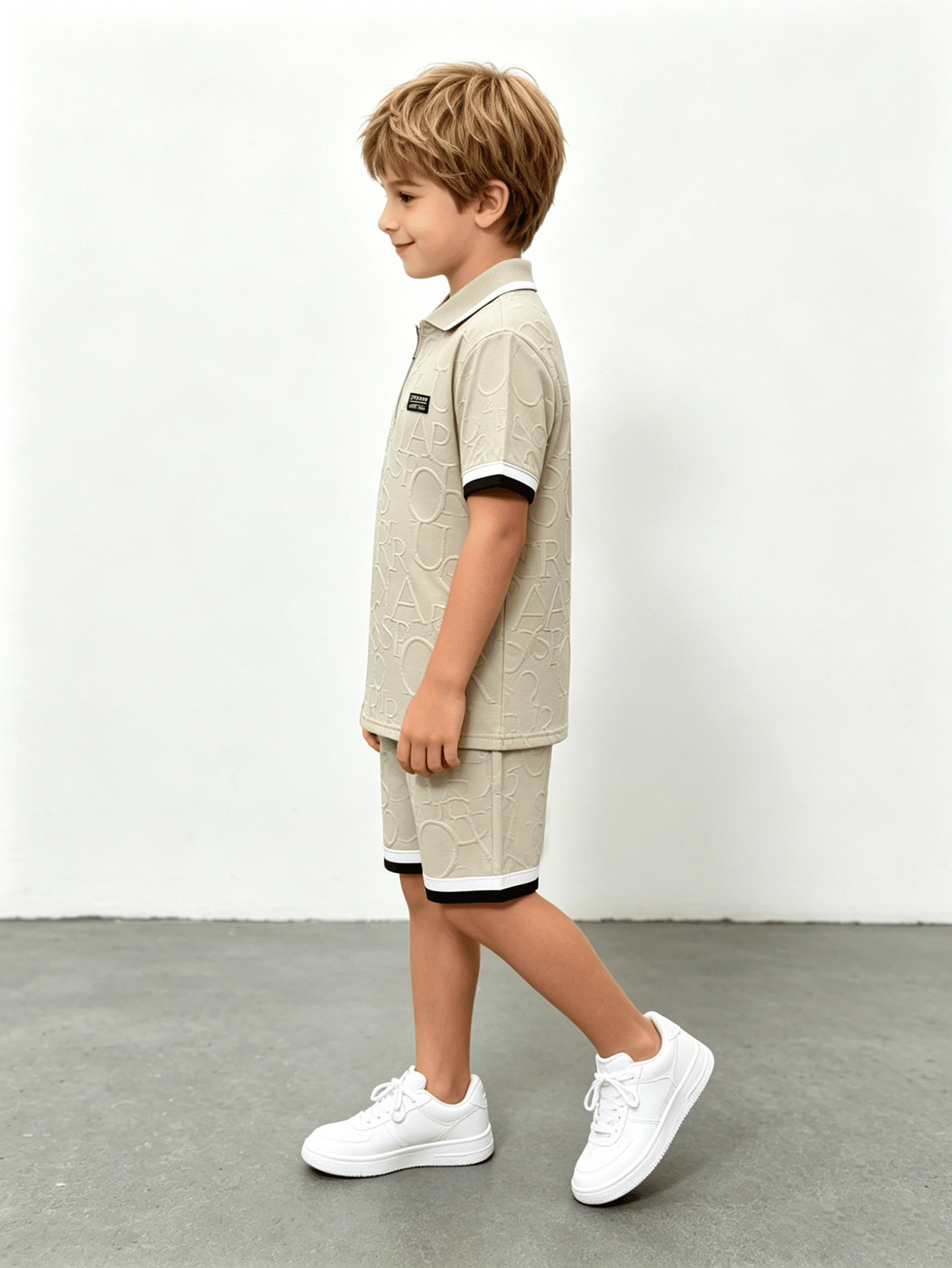 Boys Beige Embossed Polo and Shorts Set
