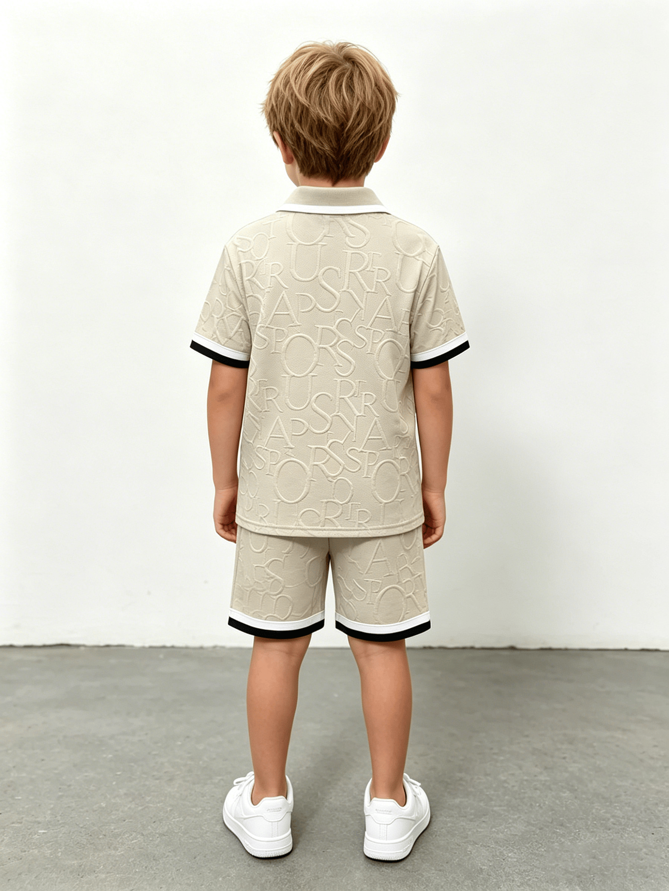 Boys Beige Embossed Polo and Shorts Set