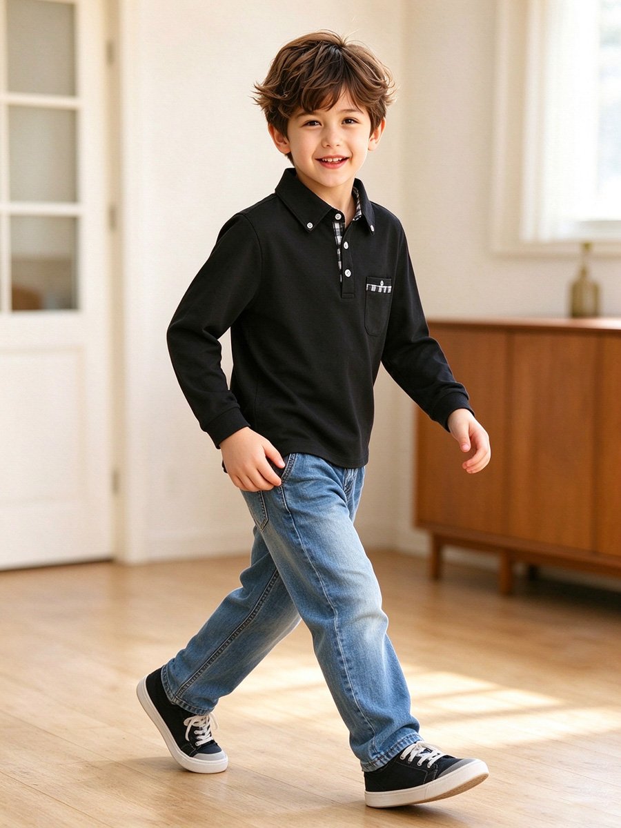 Boys Long Sleeve Black Polo Shirt