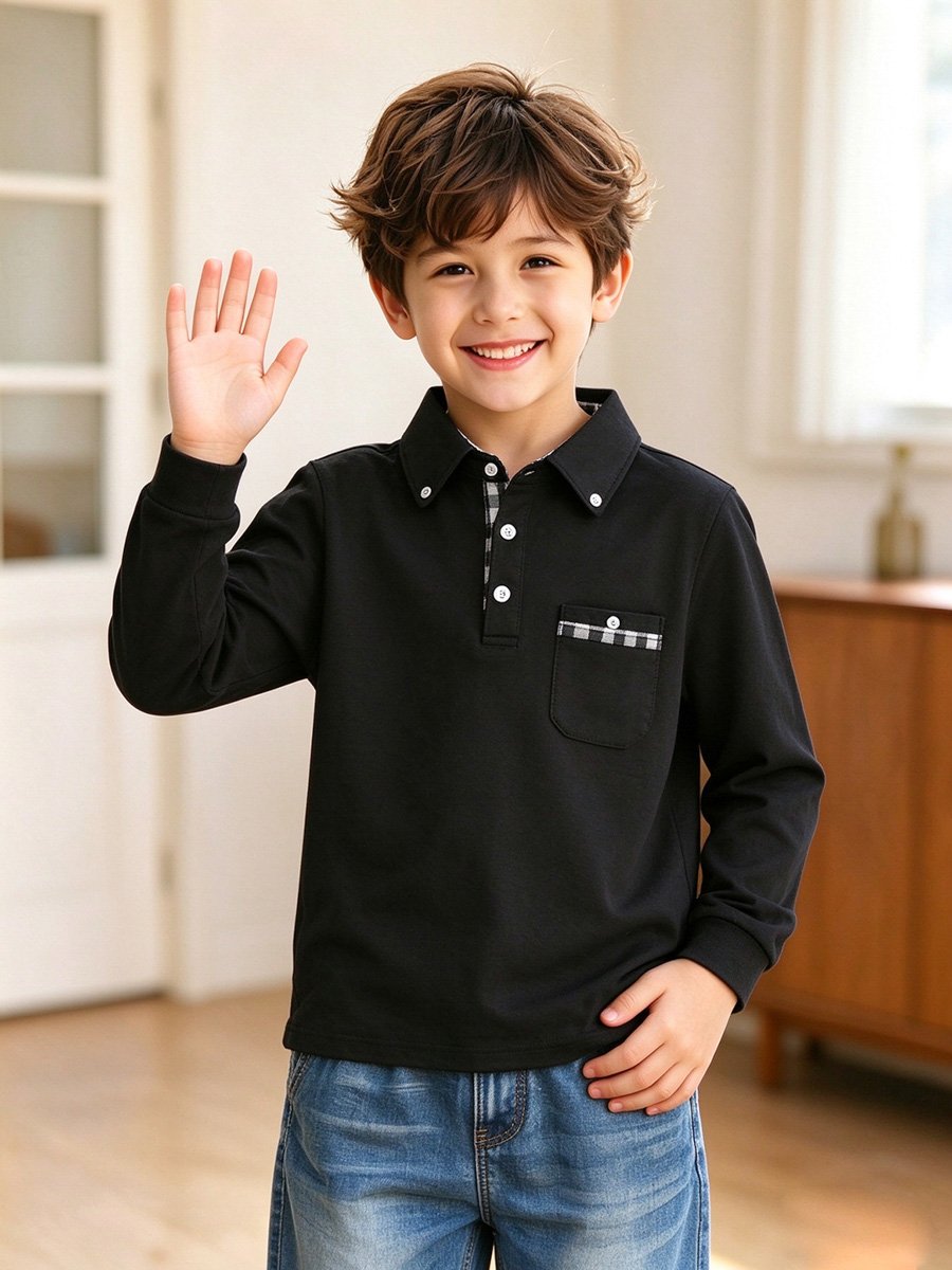 Boys Long Sleeve Black Polo Shirt