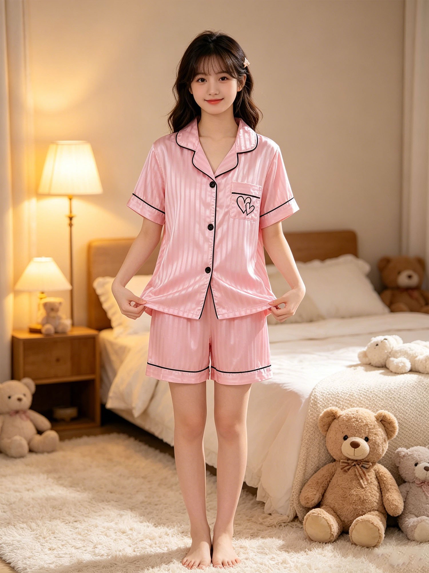 Girls Pink Striped Satin Short Pyjama Set with Collar