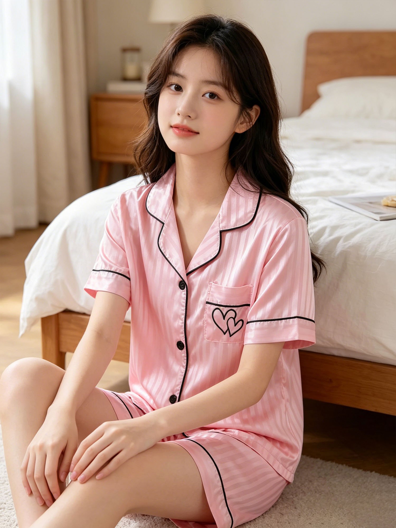 Girls Pink Striped Satin Short Pyjama Set with Collar