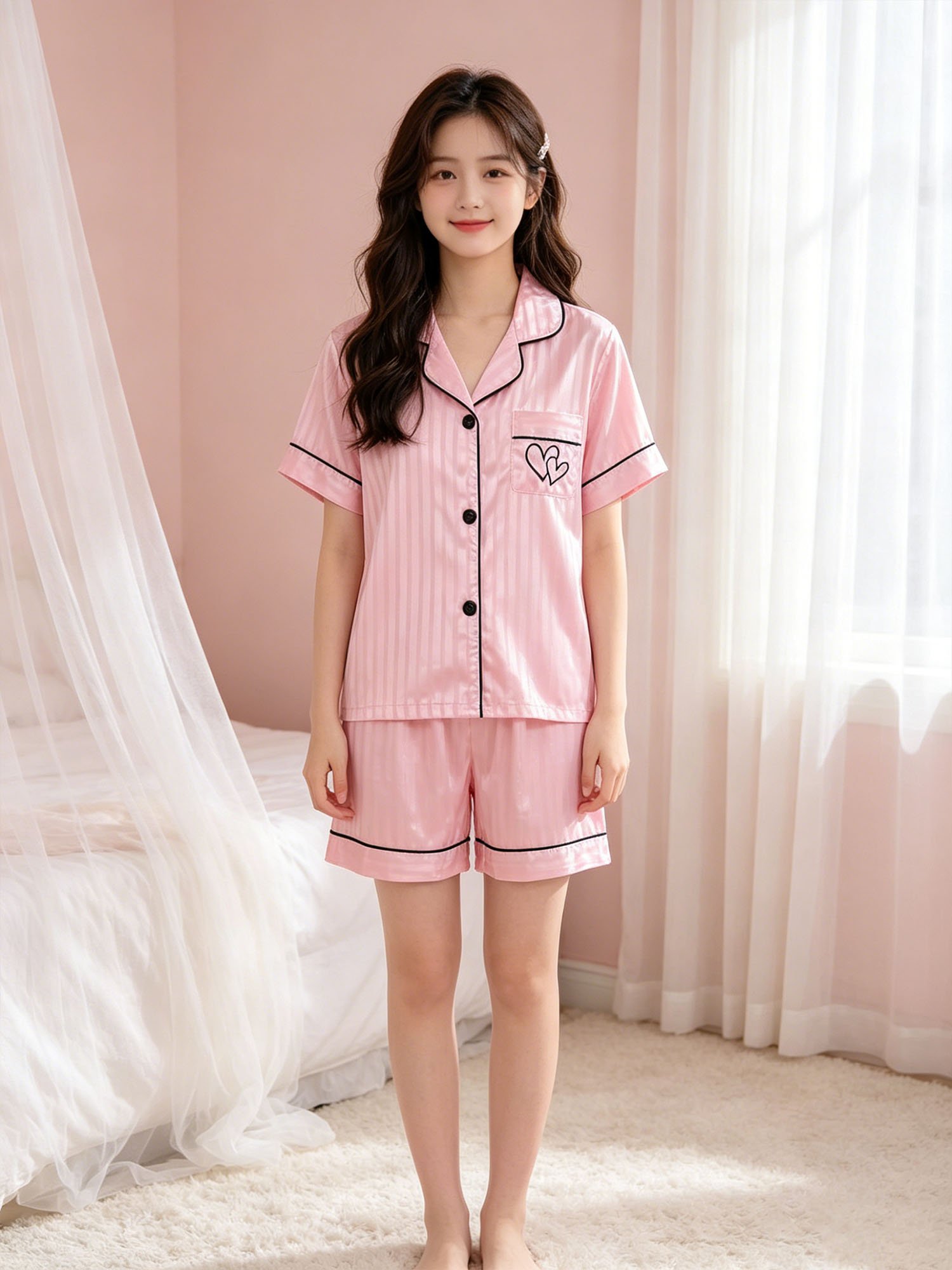 Girls Pink Striped Satin Short Pyjama Set with Collar