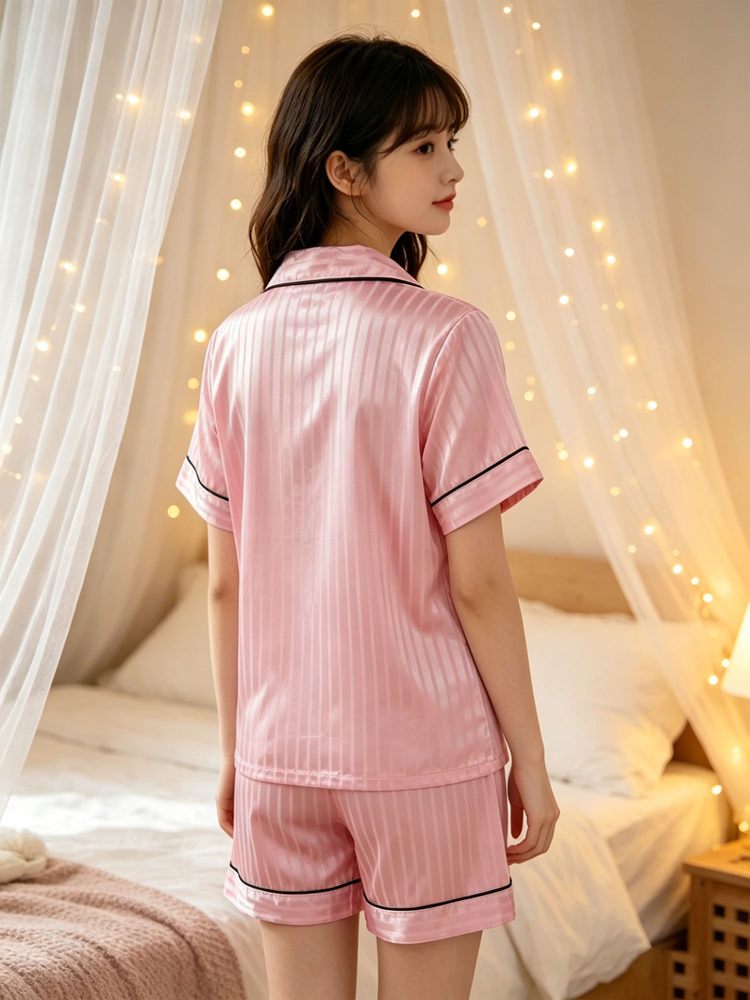 Girls Pink Striped Satin Short Pyjama Set with Collar