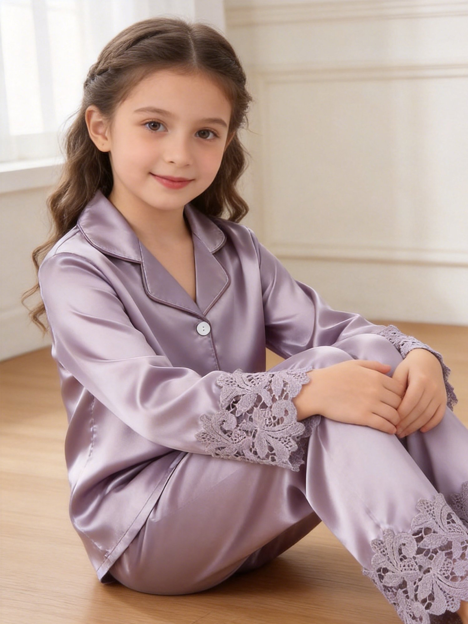 Girls Lavender Satin Long Sleeve Top and Pants Pyjama Set with Lace Trim
