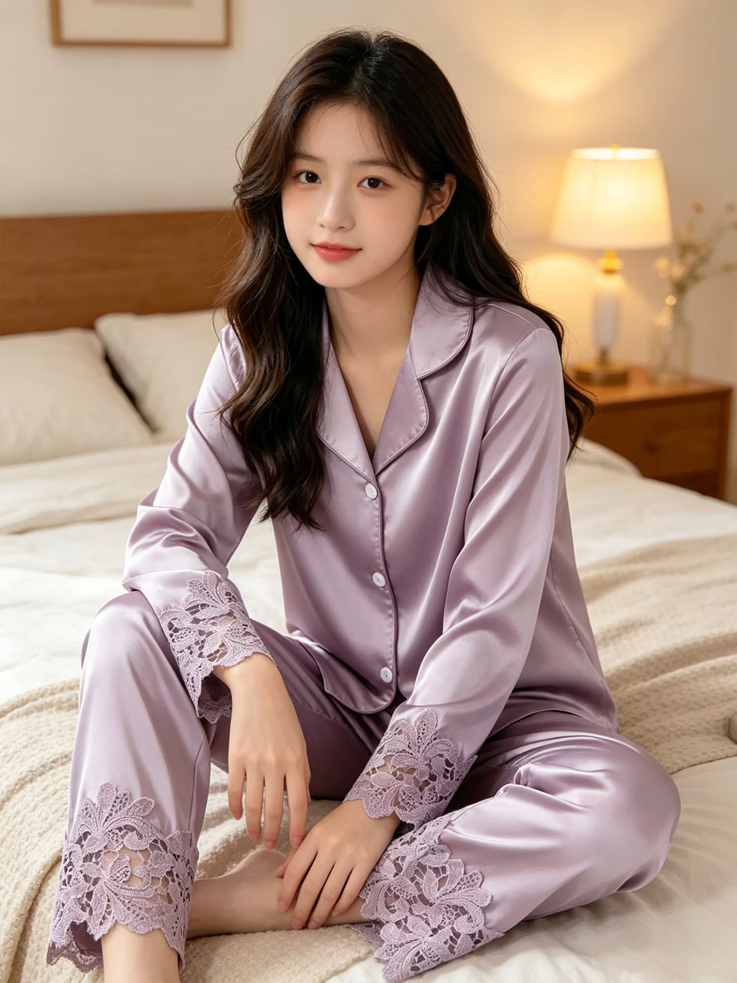 Girls Lavender Satin Long Sleeve Top and Pants Pyjama Set with Lace Trim