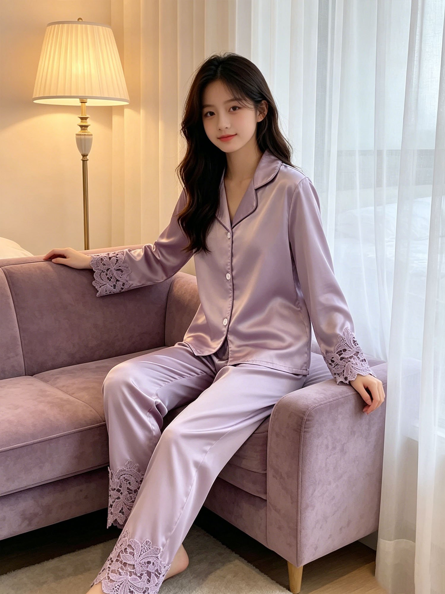 Girls Lavender Satin Long Sleeve Top and Pants Pyjama Set with Lace Trim
