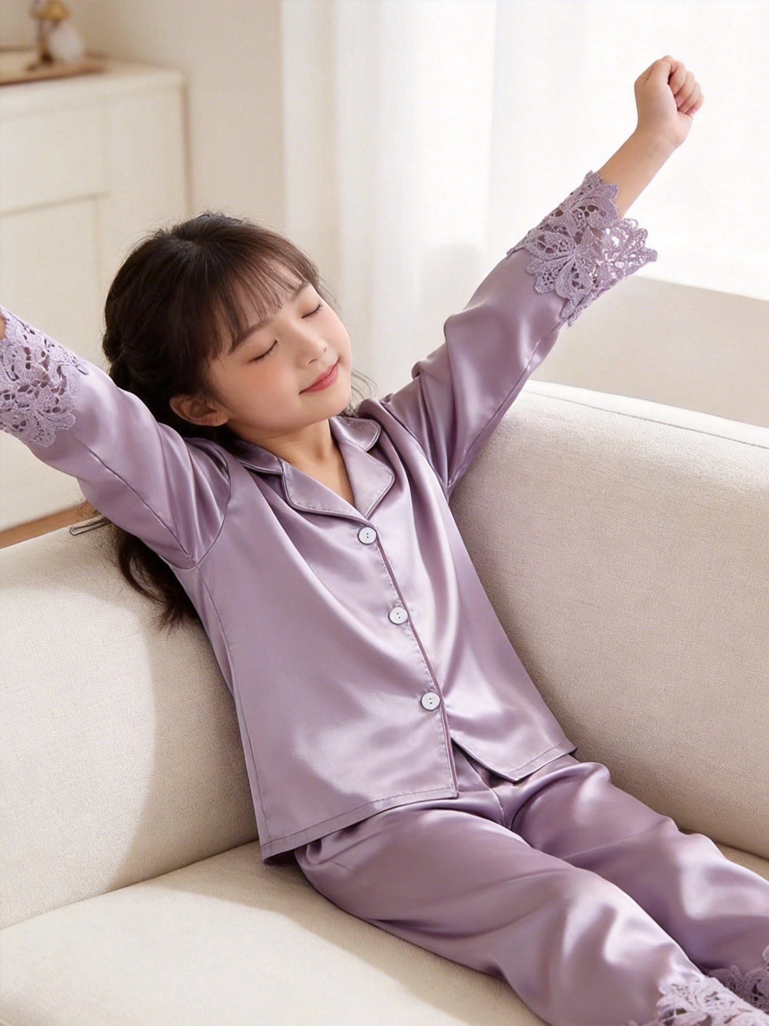 Girls Lavender Satin Long Sleeve Top and Pants Pyjama Set with Lace Trim
