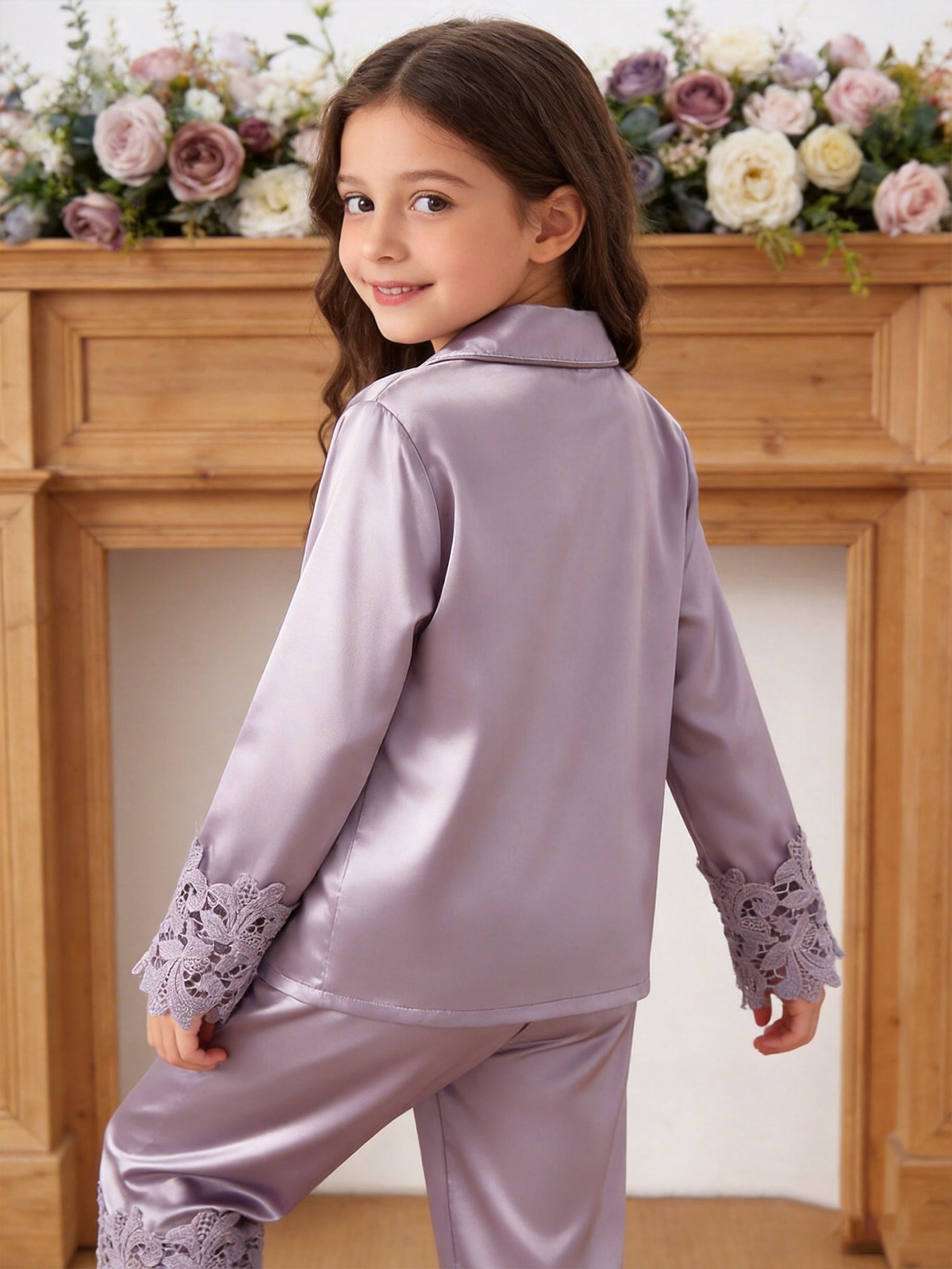 Girls Lavender Satin Long Sleeve Top and Pants Pyjama Set with Lace Trim
