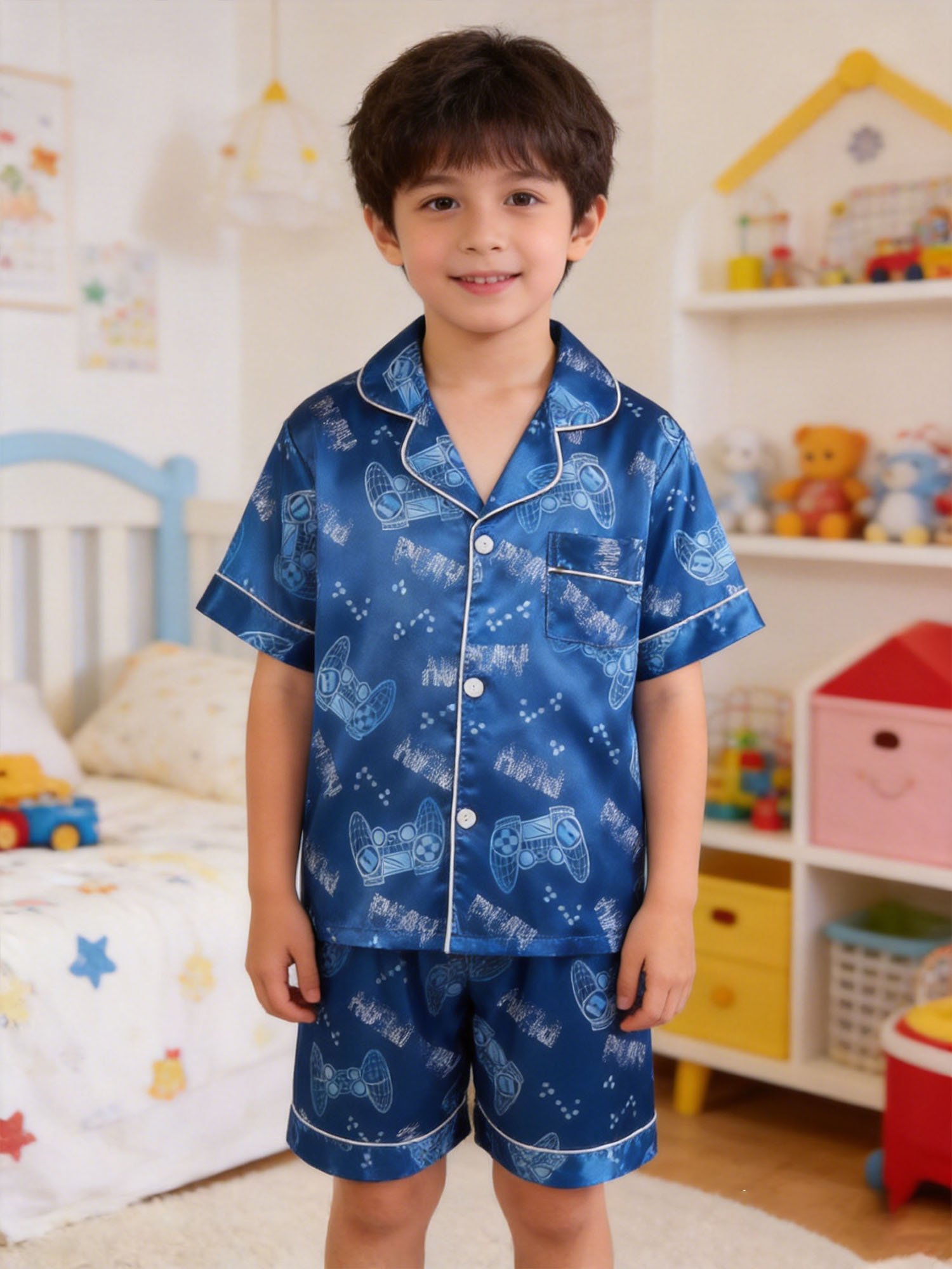 Kids Blue Gamer Print Satin Pajama Shorts Set