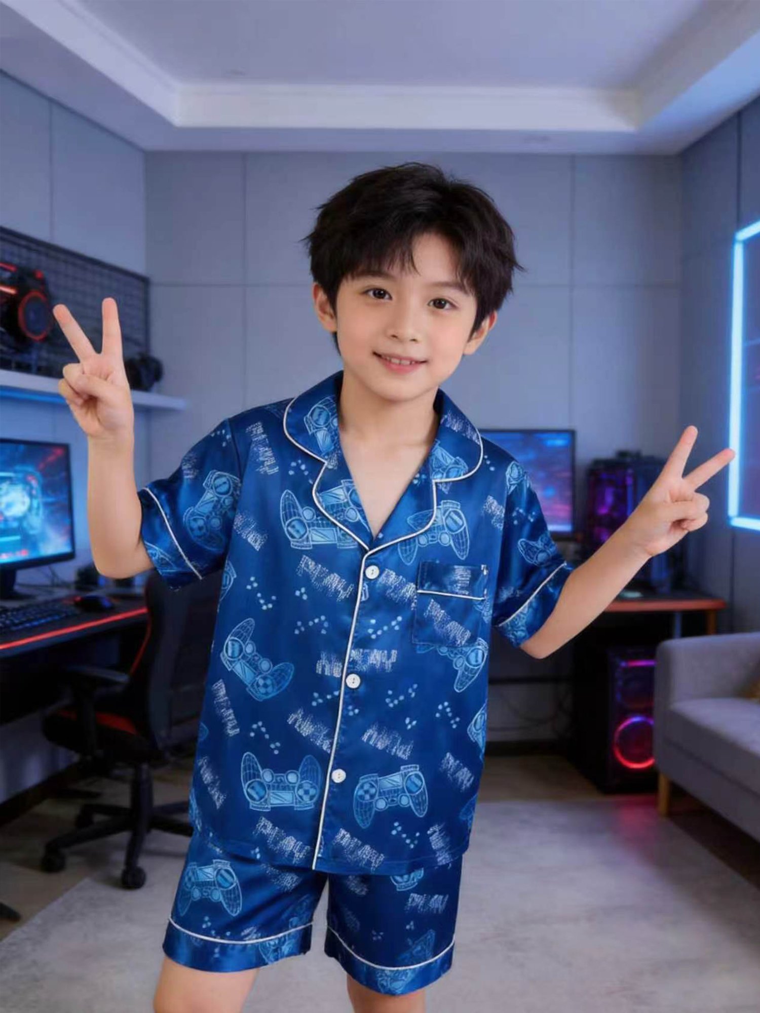Kids Blue Gamer Print Satin Pajama Shorts Set