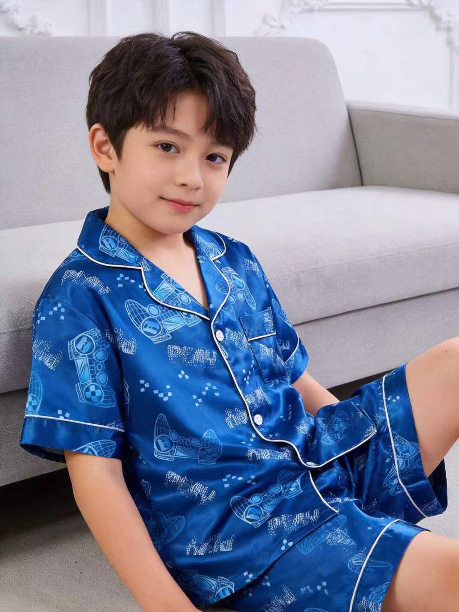 Kids Blue Gamer Print Satin Pajama Shorts Set