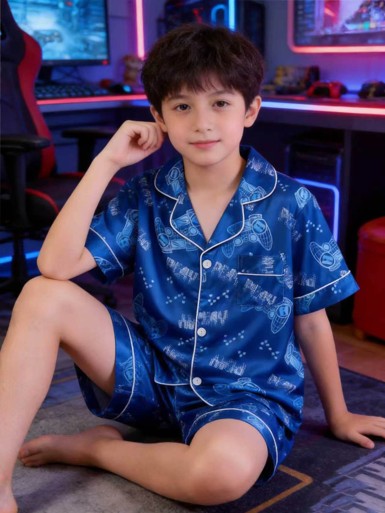 Kids Blue Gamer Print Satin Pajama Shorts Set