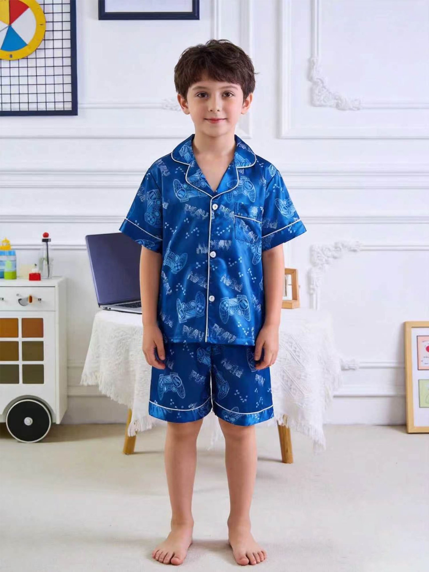 Kids Blue Gamer Print Satin Pajama Shorts Set