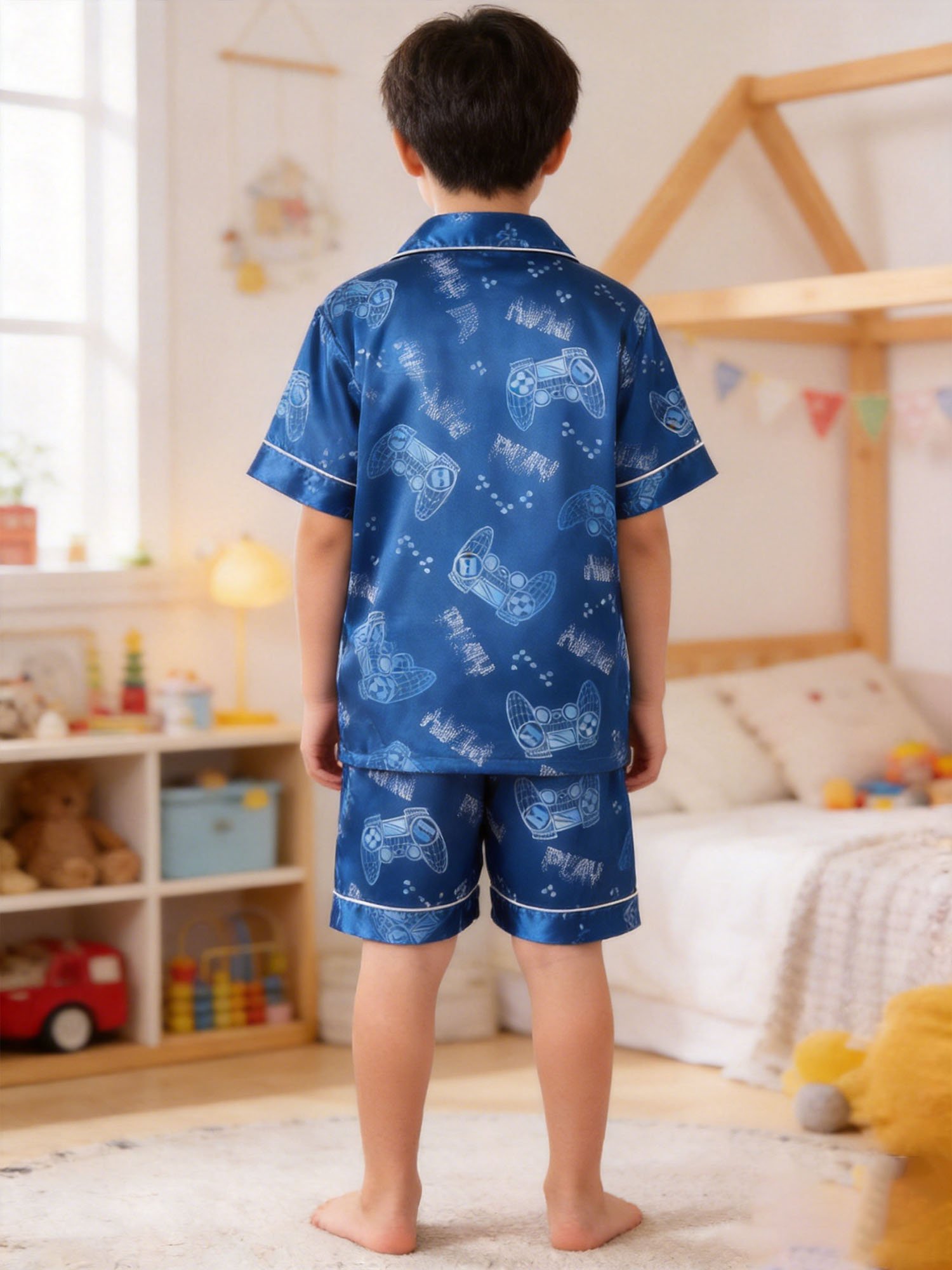 Kids Blue Gamer Print Satin Pajama Shorts Set