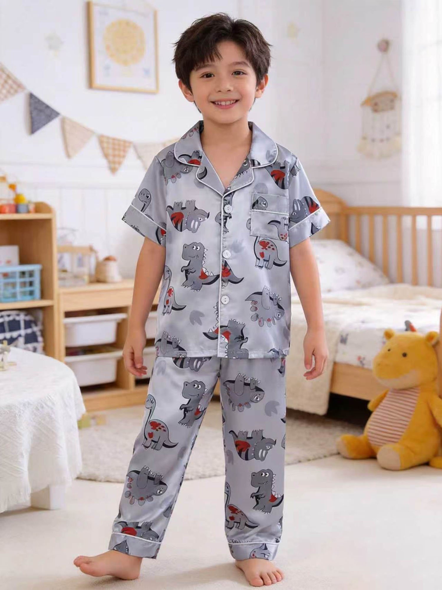 Kids Grey Dinosaur Print Satin Pajama Set with Short Sleeve Top and Full-Length Pants