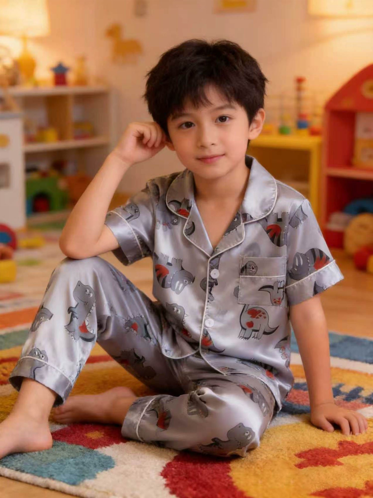 Kids Grey Dinosaur Print Satin Pajama Set with Short Sleeve Top and Full-Length Pants