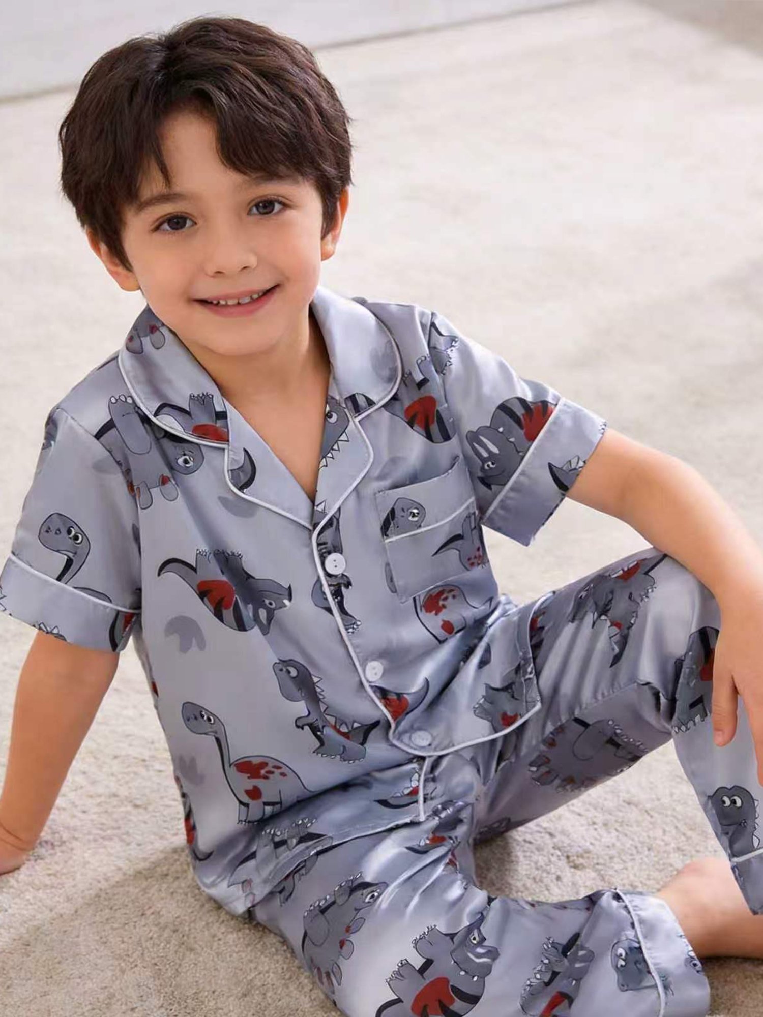 Kids Grey Dinosaur Print Satin Pajama Set with Short Sleeve Top and Full-Length Pants