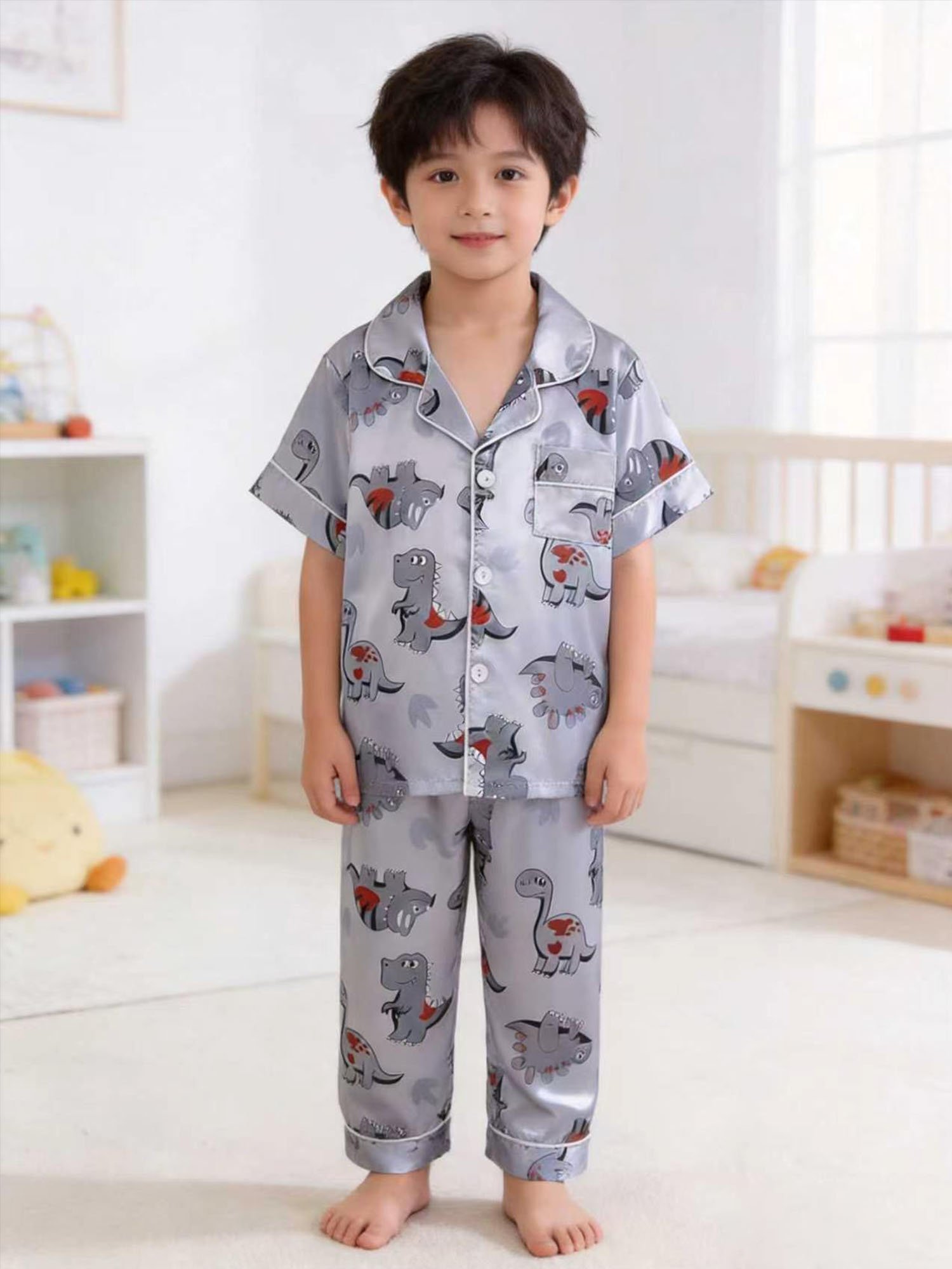 Kids Grey Dinosaur Print Satin Pajama Set with Short Sleeve Top and Full-Length Pants