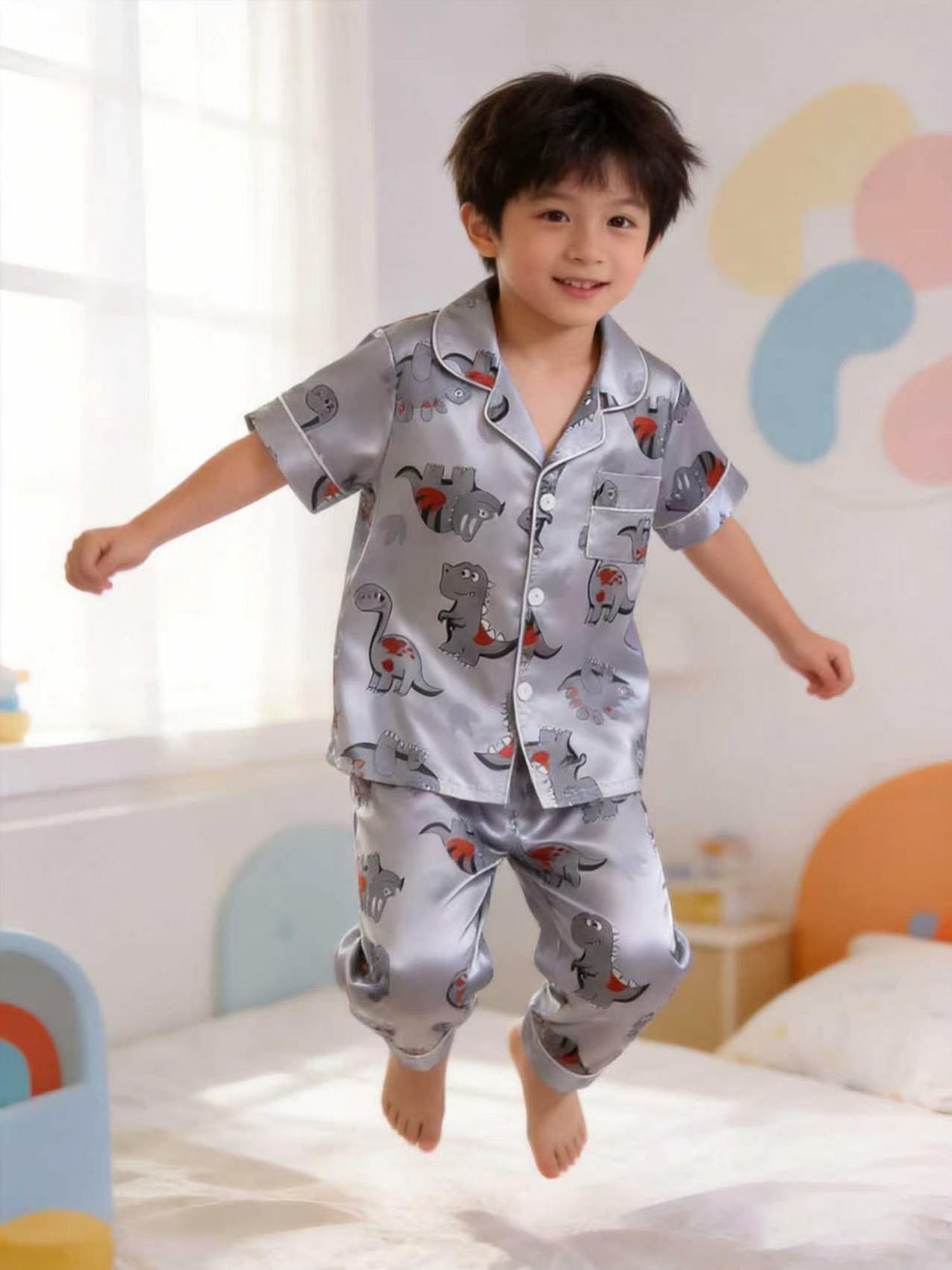 Kids Grey Dinosaur Print Satin Pajama Set with Short Sleeve Top and Full-Length Pants
