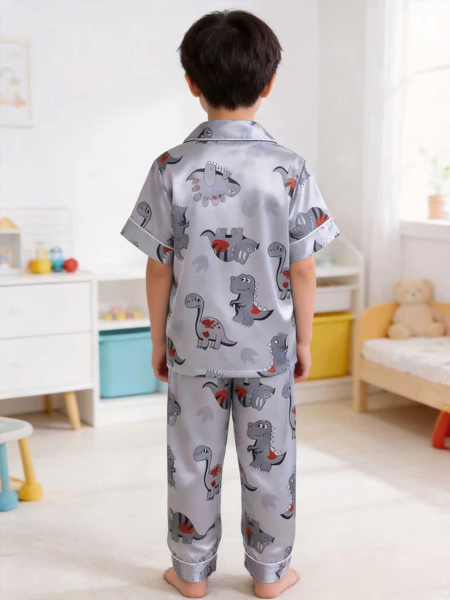 Kids Grey Dinosaur Print Satin Pajama Set with Short Sleeve Top and Full-Length Pants