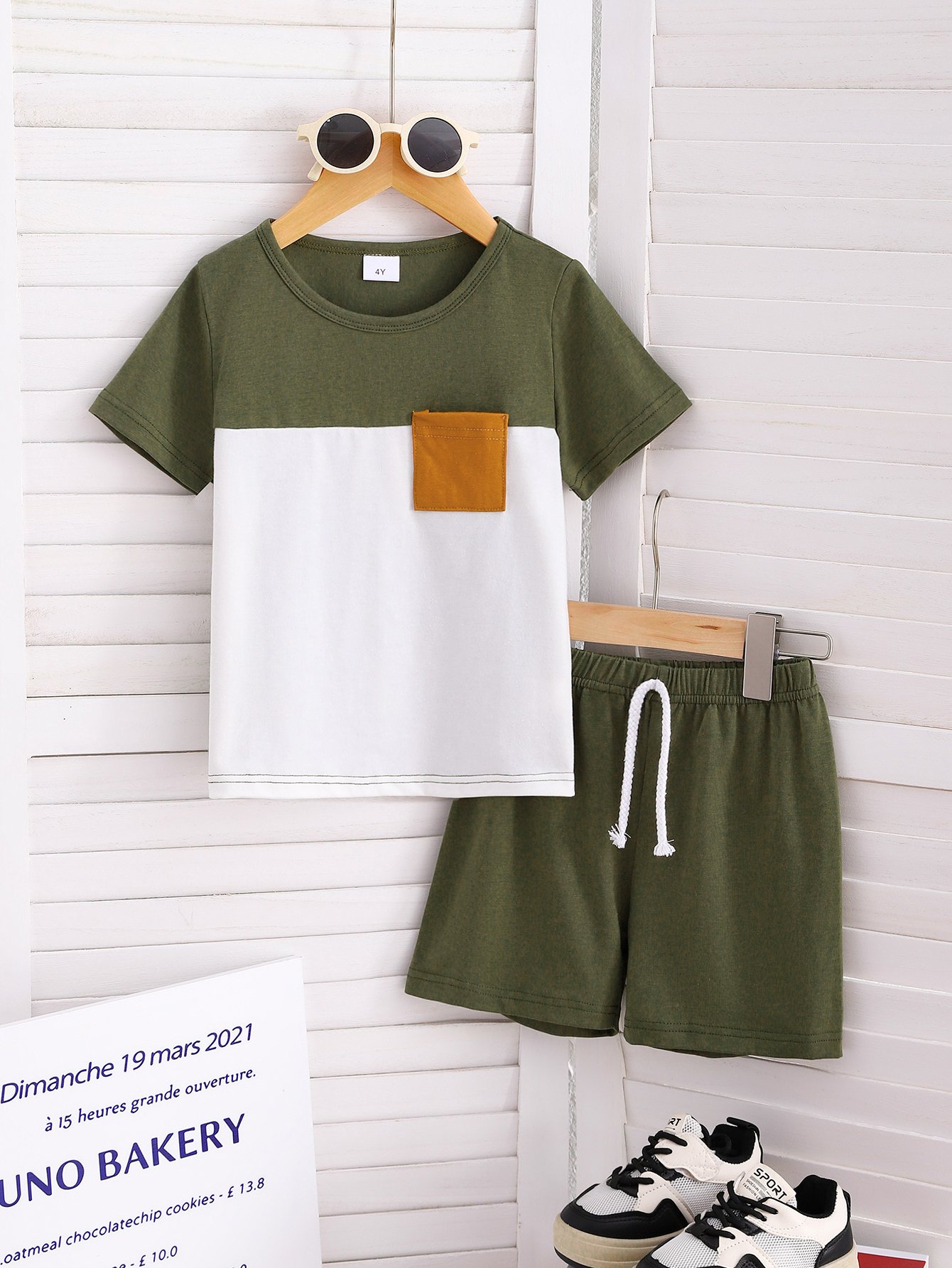 Boys Color Block Pocket Detail T-Shirt and Drawstring Shorts Set