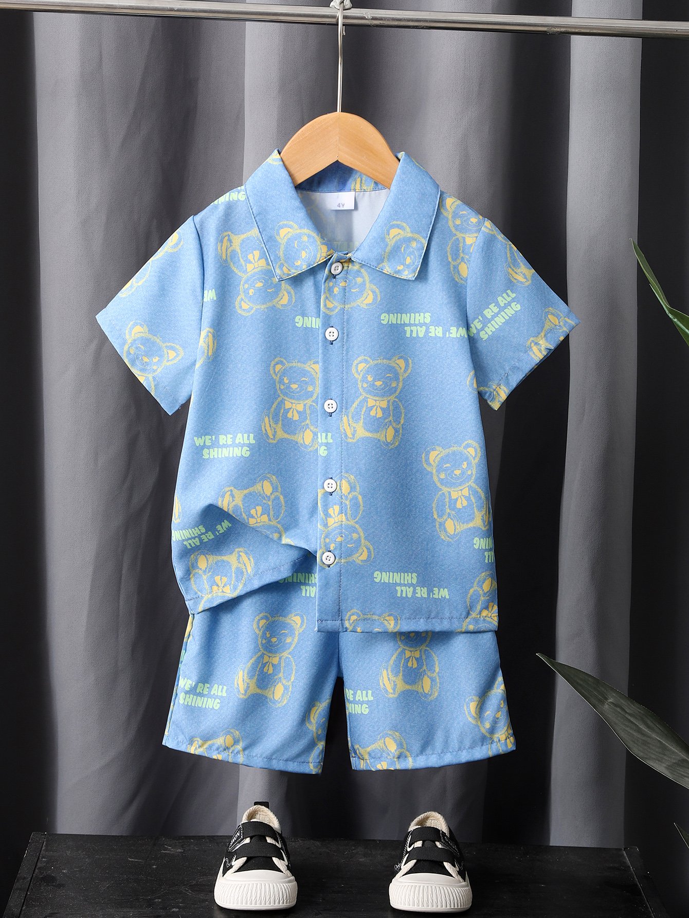 Boys Blue Bear Print Shorts Set with Collar Shirt