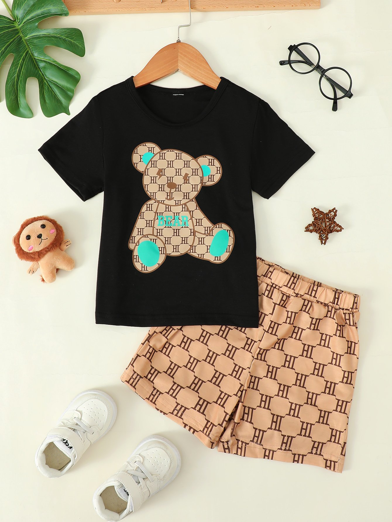 Boys Short Sleeve Bear Print Top and Patterned Shorts Set