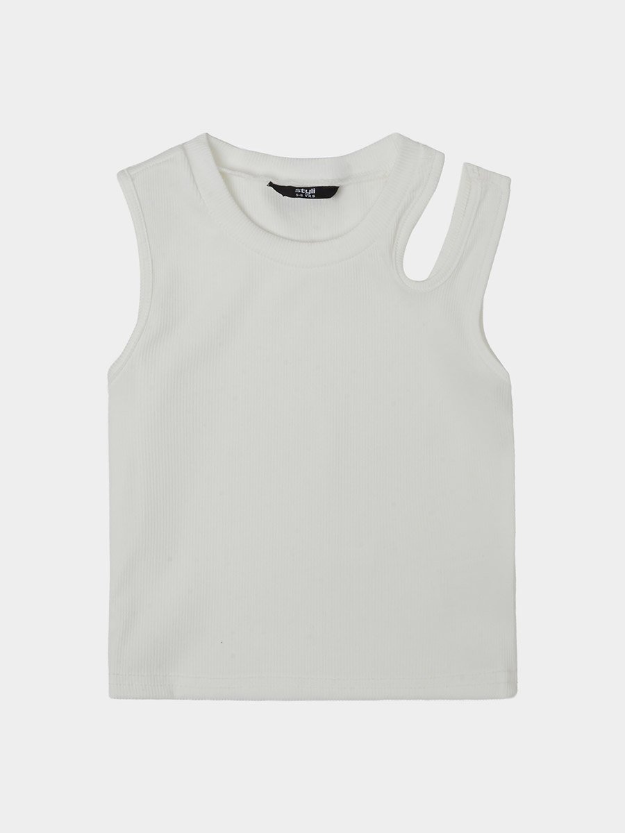Girls Off White Solid Ribbed Regular Fit Vest