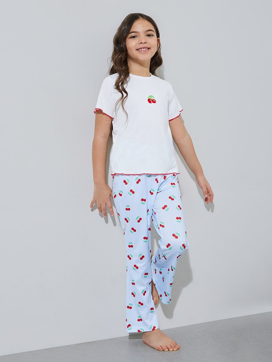Girls White Cherry Print T-Shirt and Light Blue Pants Pyjama Set