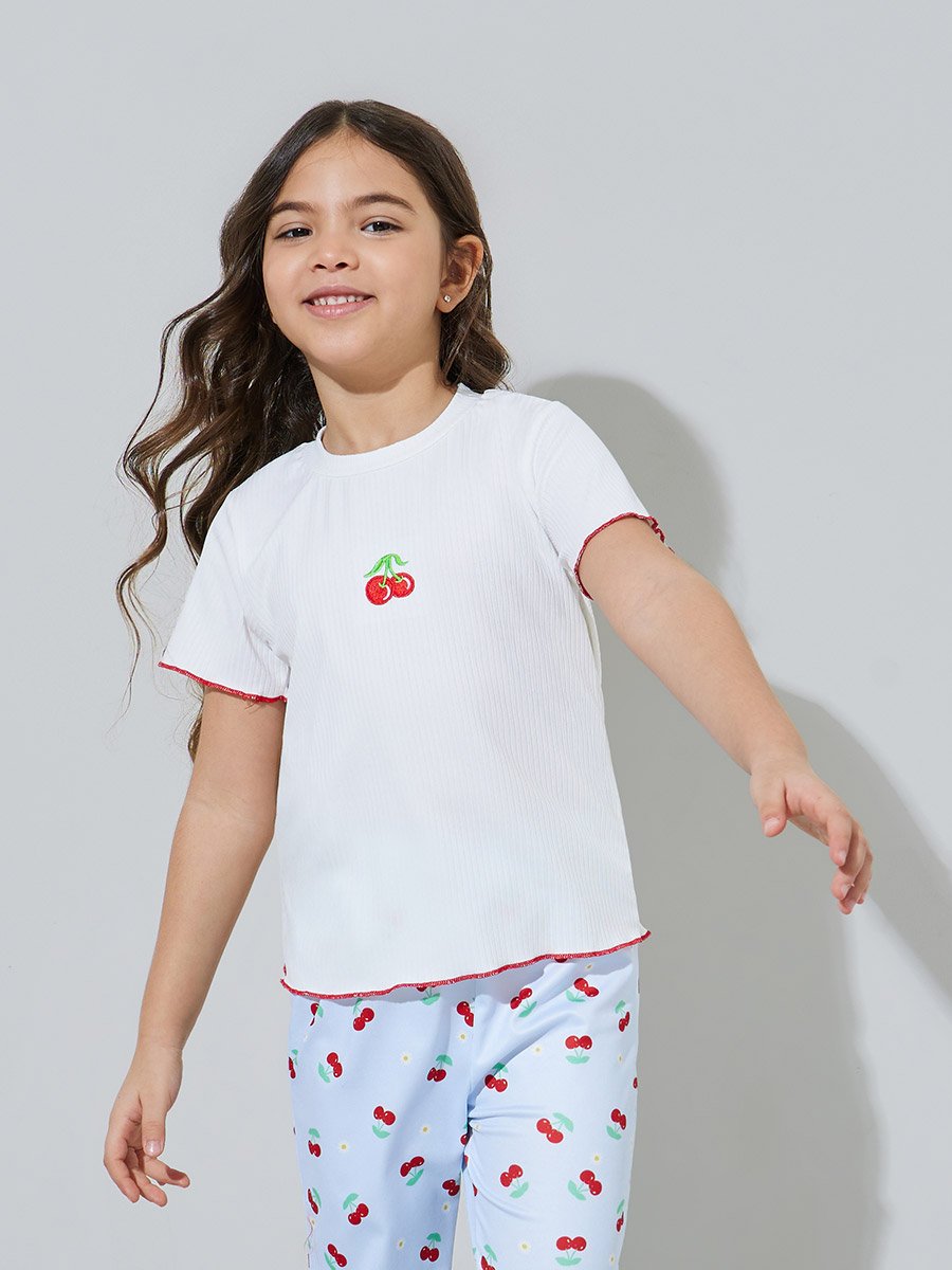 Girls White Cherry Print T-Shirt and Light Blue Pants Pyjama Set