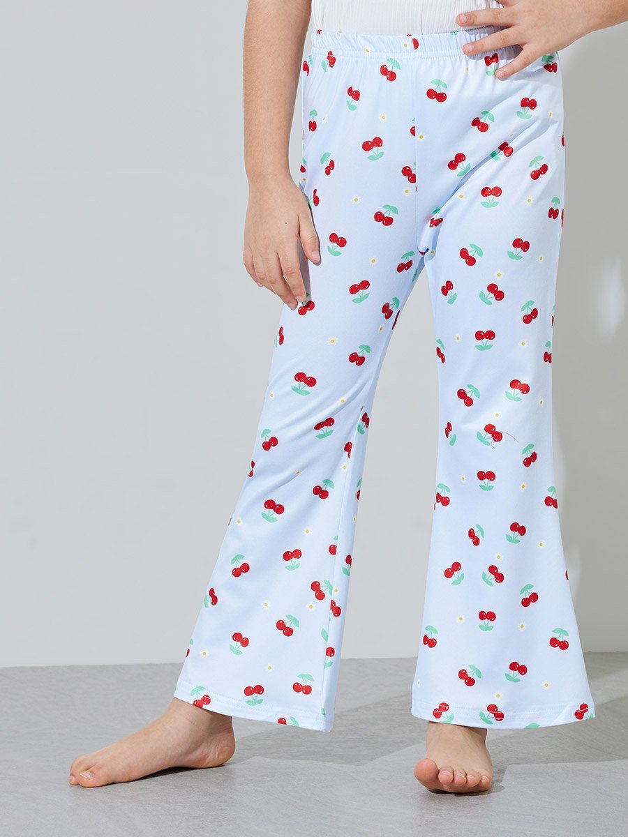 Girls White Cherry Print T-Shirt and Light Blue Pants Pyjama Set