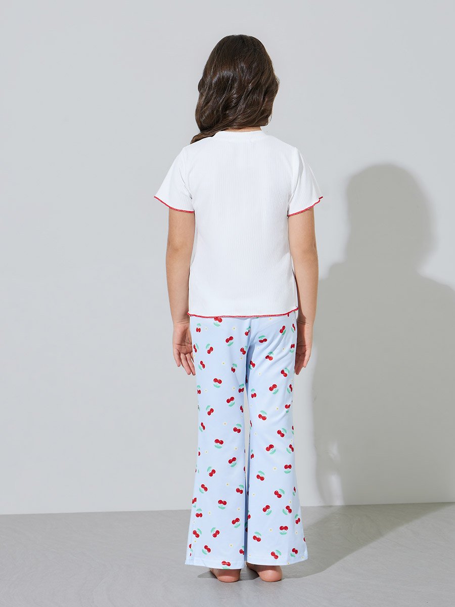 Girls White Cherry Print T-Shirt and Light Blue Pants Pyjama Set