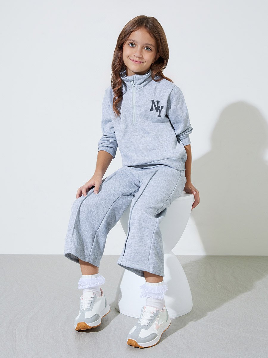 Grey NY High Neck Sweatshirt and Pintuck Detail Wide Leg Joggers Set