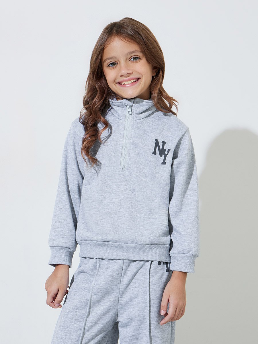 Grey NY High Neck Sweatshirt and Pintuck Detail Wide Leg Joggers Set