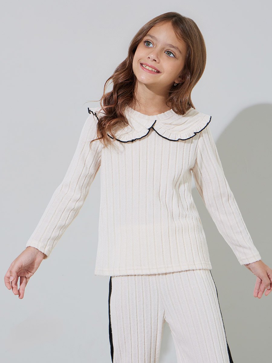 مجموعة من بنطال جوغر بأشرطة جانبية وبلوزة بياقة محبوكة ومضلعة للبنات